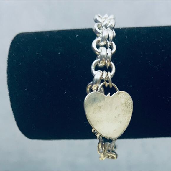 Vintage Sterling Silver 925 MO Stamped Cable Link Large Heart Charm Bracelet - Picture 2 of 4